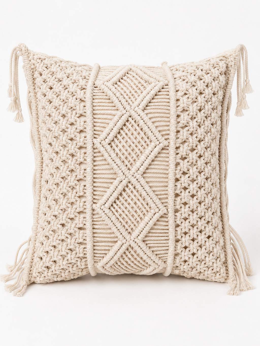 Throw Pillow with Side Fringe & Corner Ties – Boho Textured Accent Cushion Cover