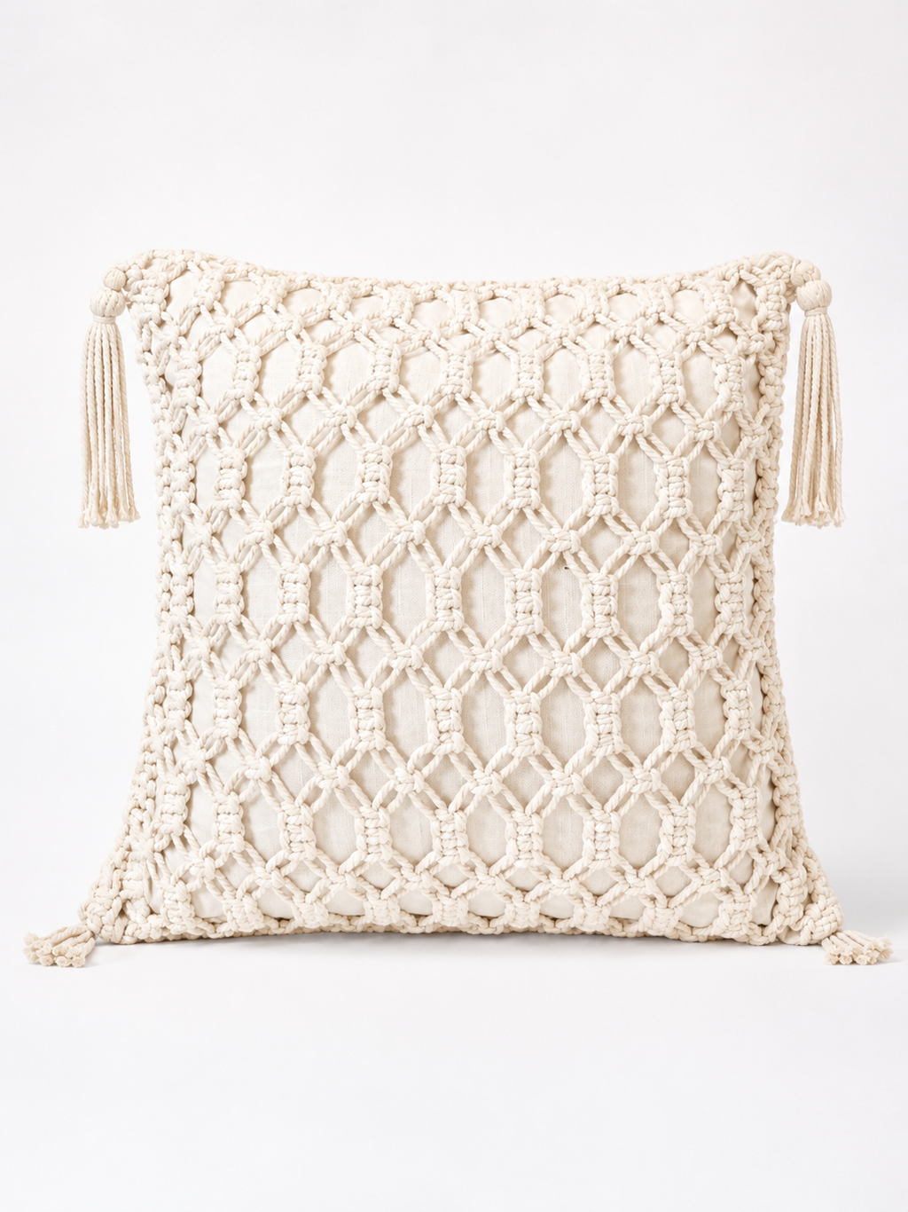 Throw Pillow with Corner Tassels – Boho Textured Accent Cushion