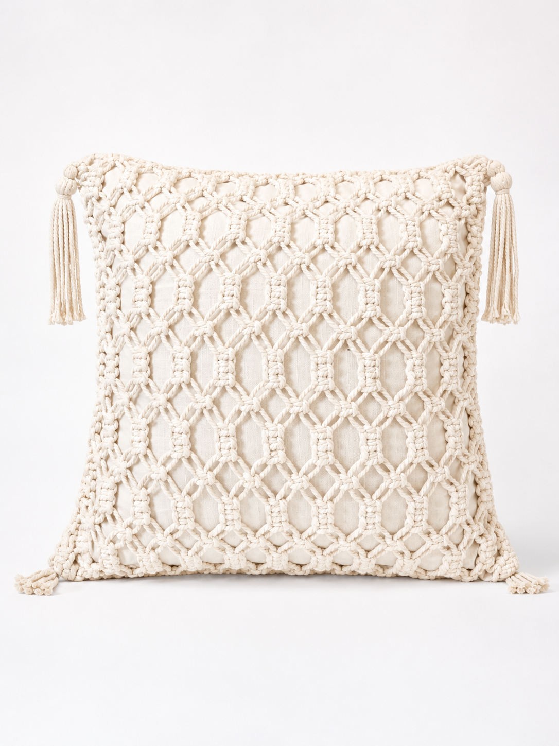 Throw Pillow with Corner Tassels – Boho Textured Accent Cushion