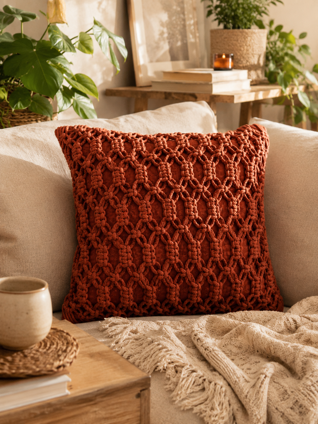 Throw Pillow in Rust Terracotta – Boho Textured Accent Cushion