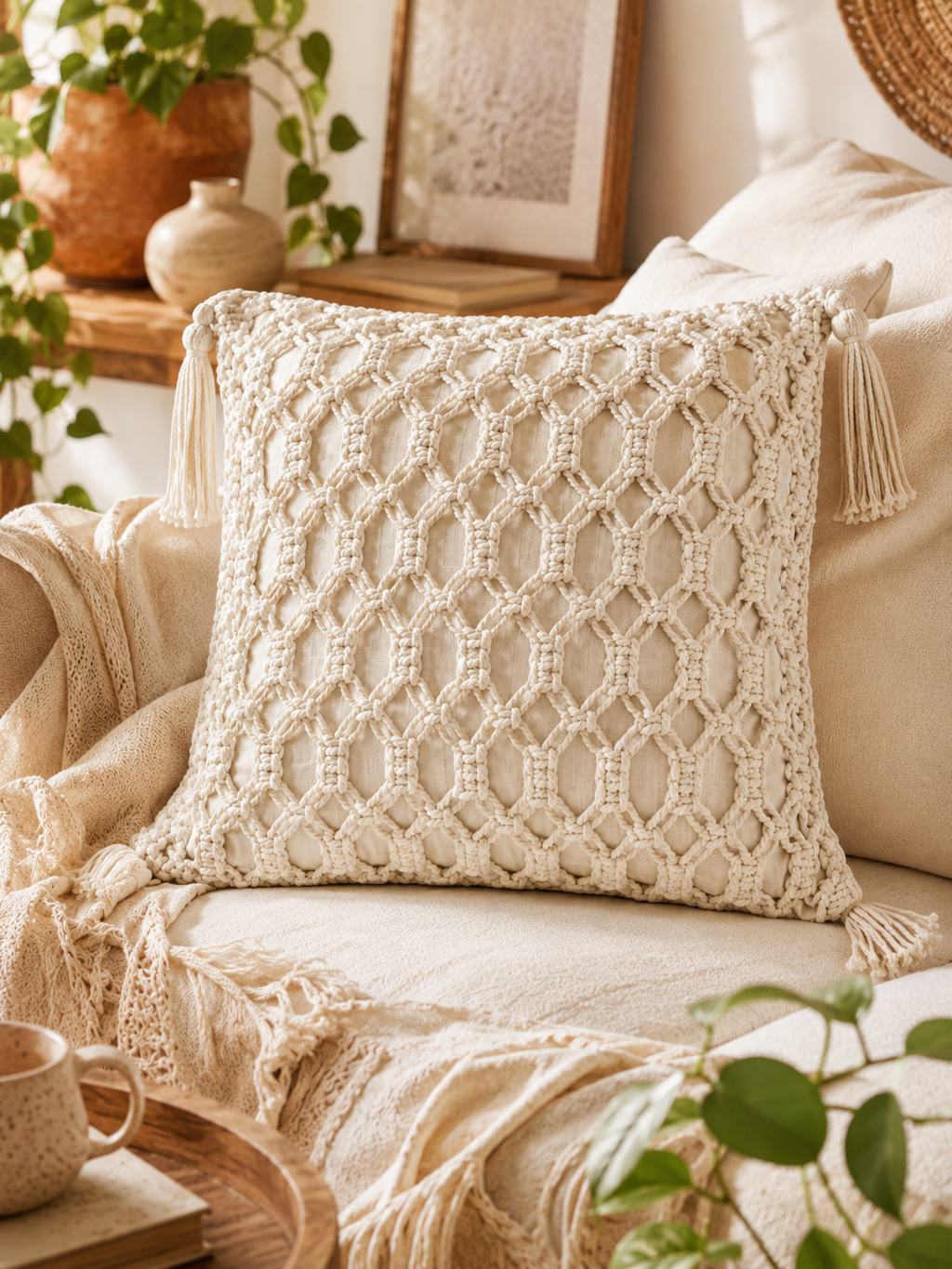 Throw Pillow with Corner Tassels – Boho Textured Accent Cushion