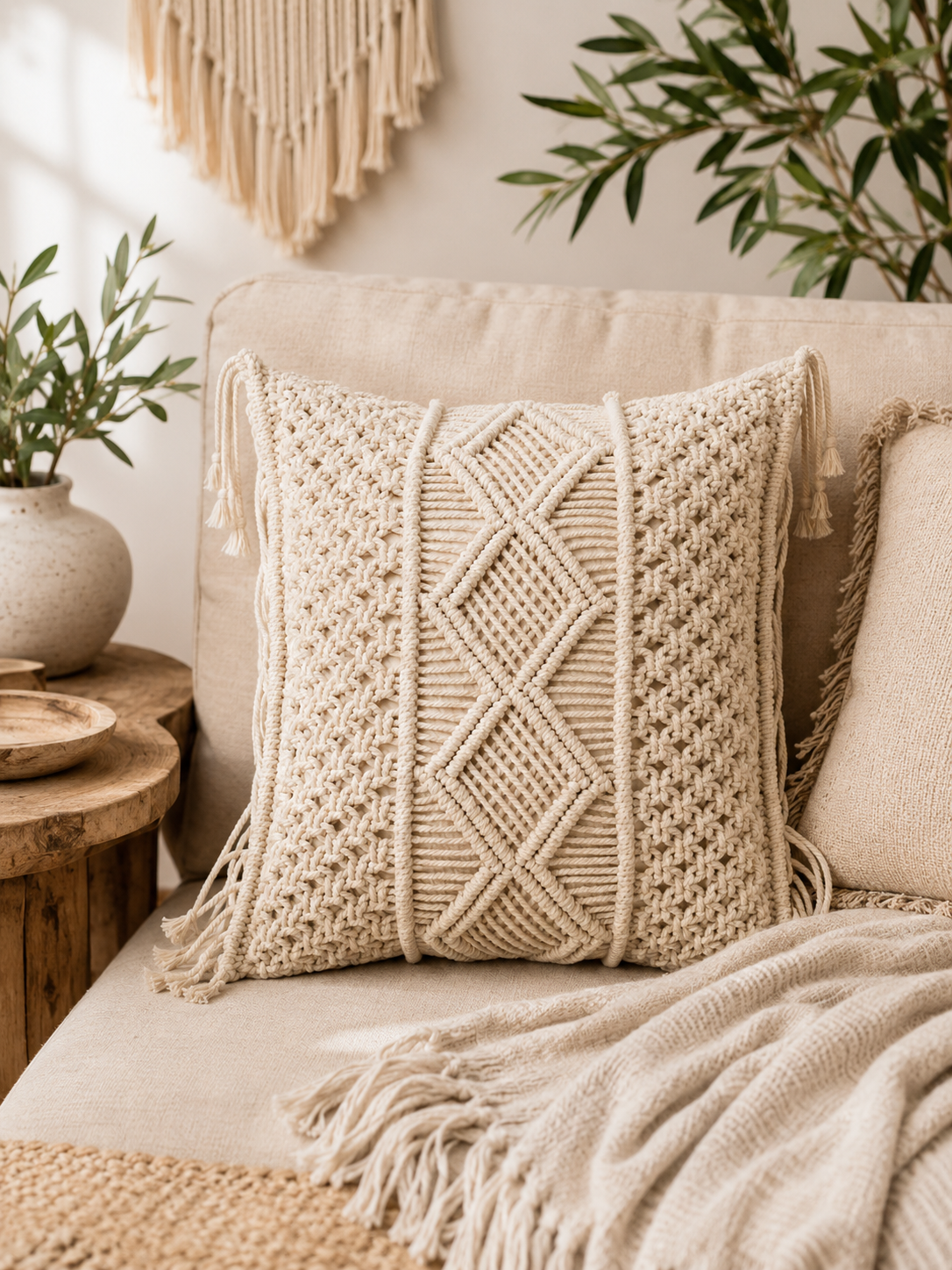 Throw Pillow with Side Fringe & Corner Ties – Boho Textured Accent Cushion Cover