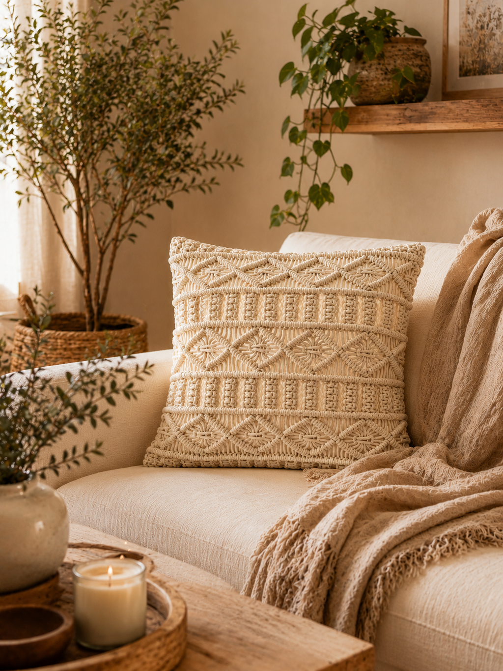 Throw Pillow Beige Cushion Cover – Boho Textured