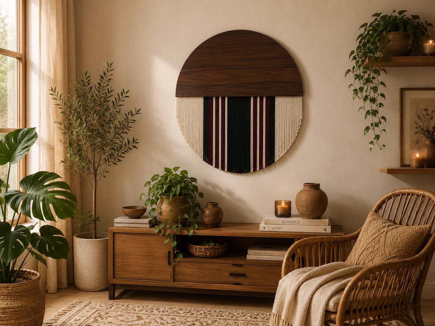 Handcrafted Circular Wood & Fiber Wall Hanging