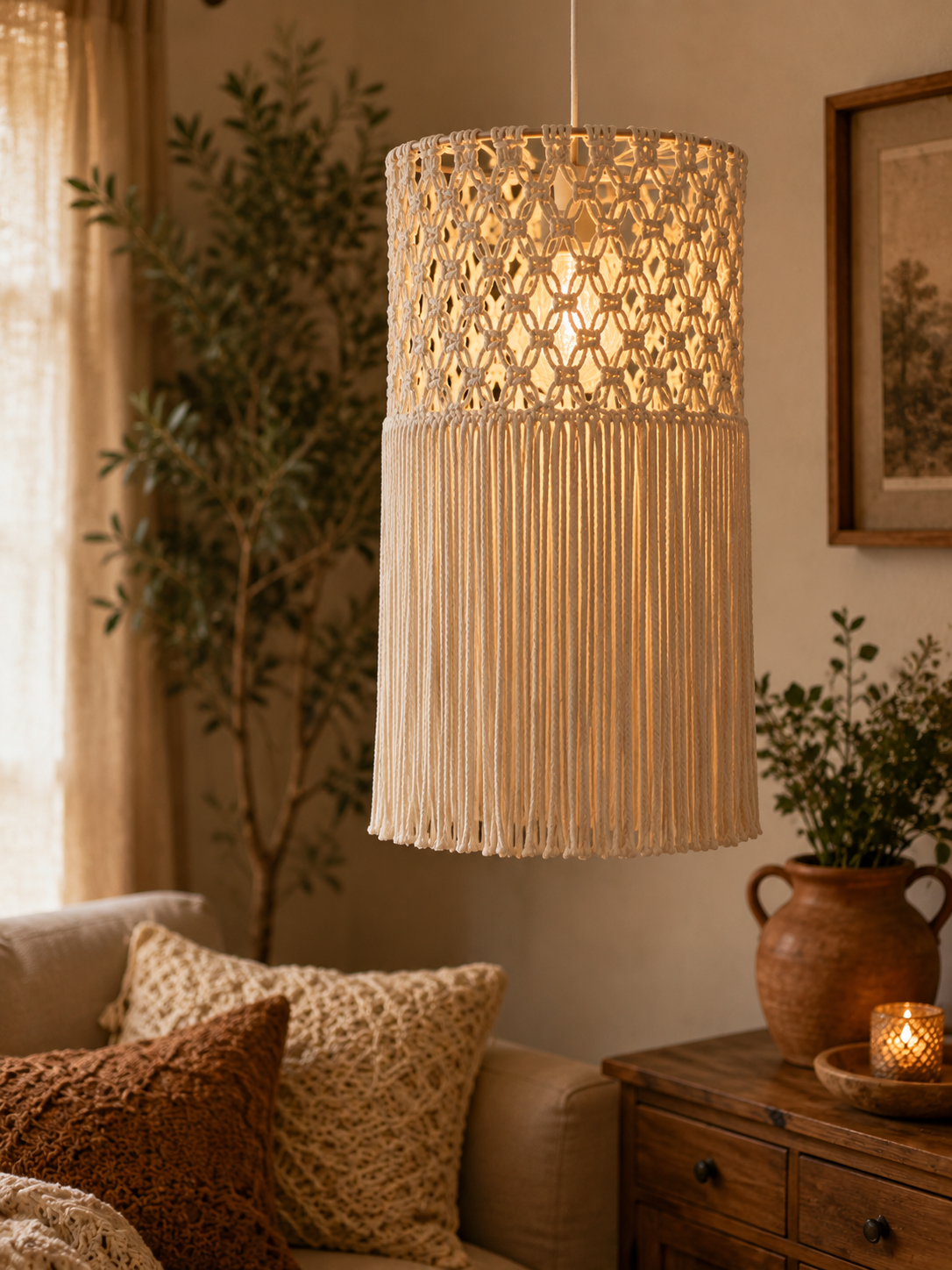 Minimalist Hand-Knotted Pendant Light – Off-White Artisanal Lampshade