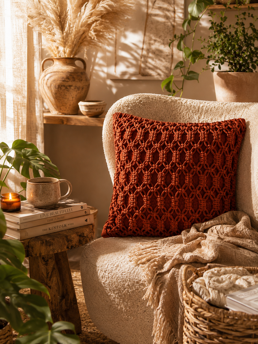Throw Pillow in Rust Terracotta – Boho Textured Accent Cushion