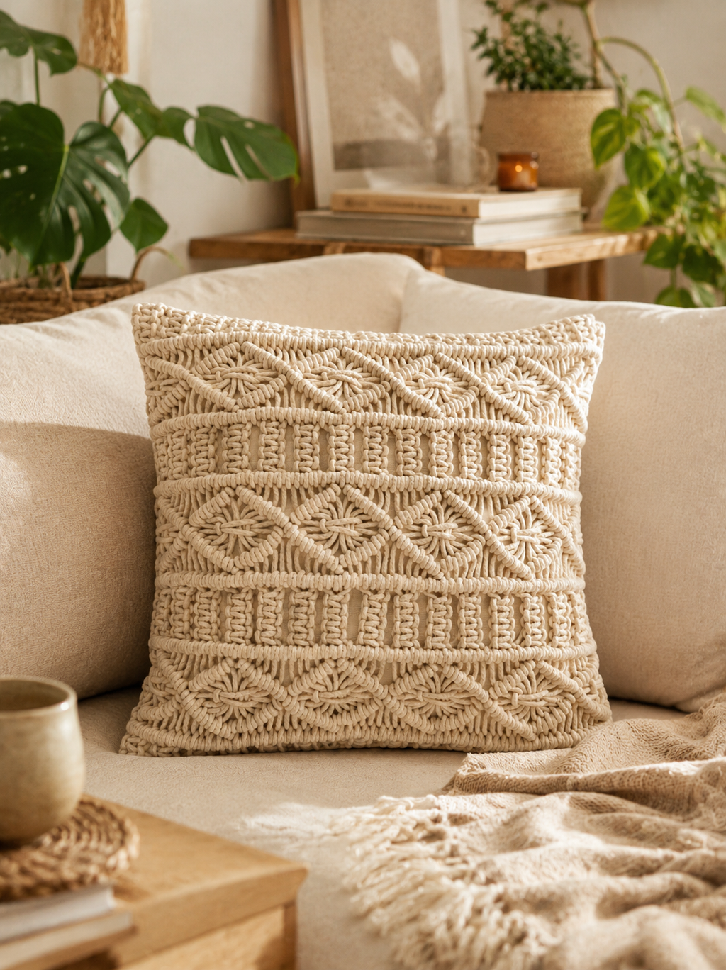 Throw Pillow Beige Cushion Cover – Boho Textured