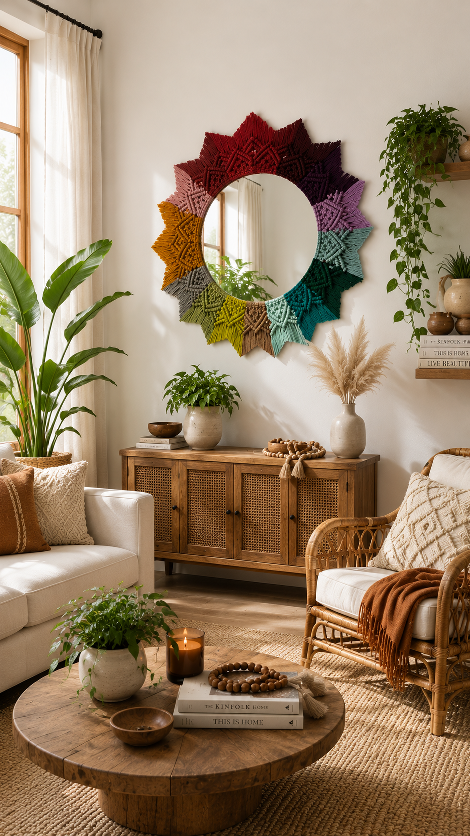 Round Rainbow Macramé Wall Hanging Mirror – Boho Nursery & Home Decor