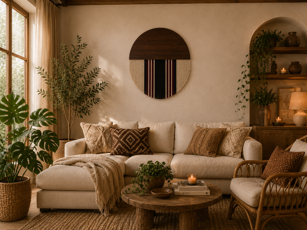 Handcrafted Circular Wood & Fiber Wall Hanging