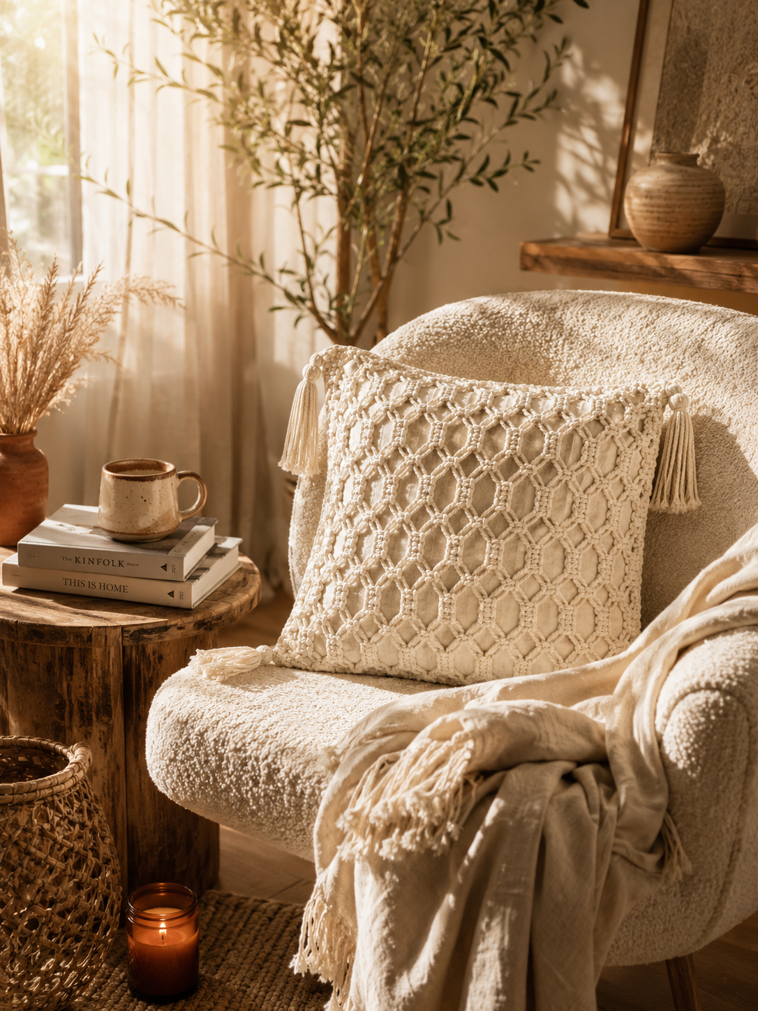 Throw Pillow with Corner Tassels – Boho Textured Accent Cushion