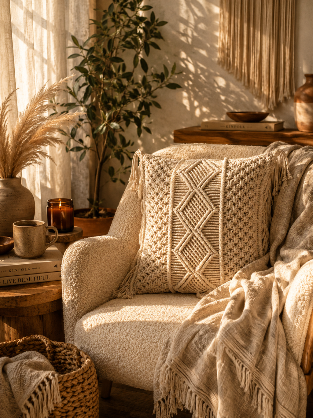 Throw Pillow with Side Fringe & Corner Ties – Boho Textured Accent Cushion Cover