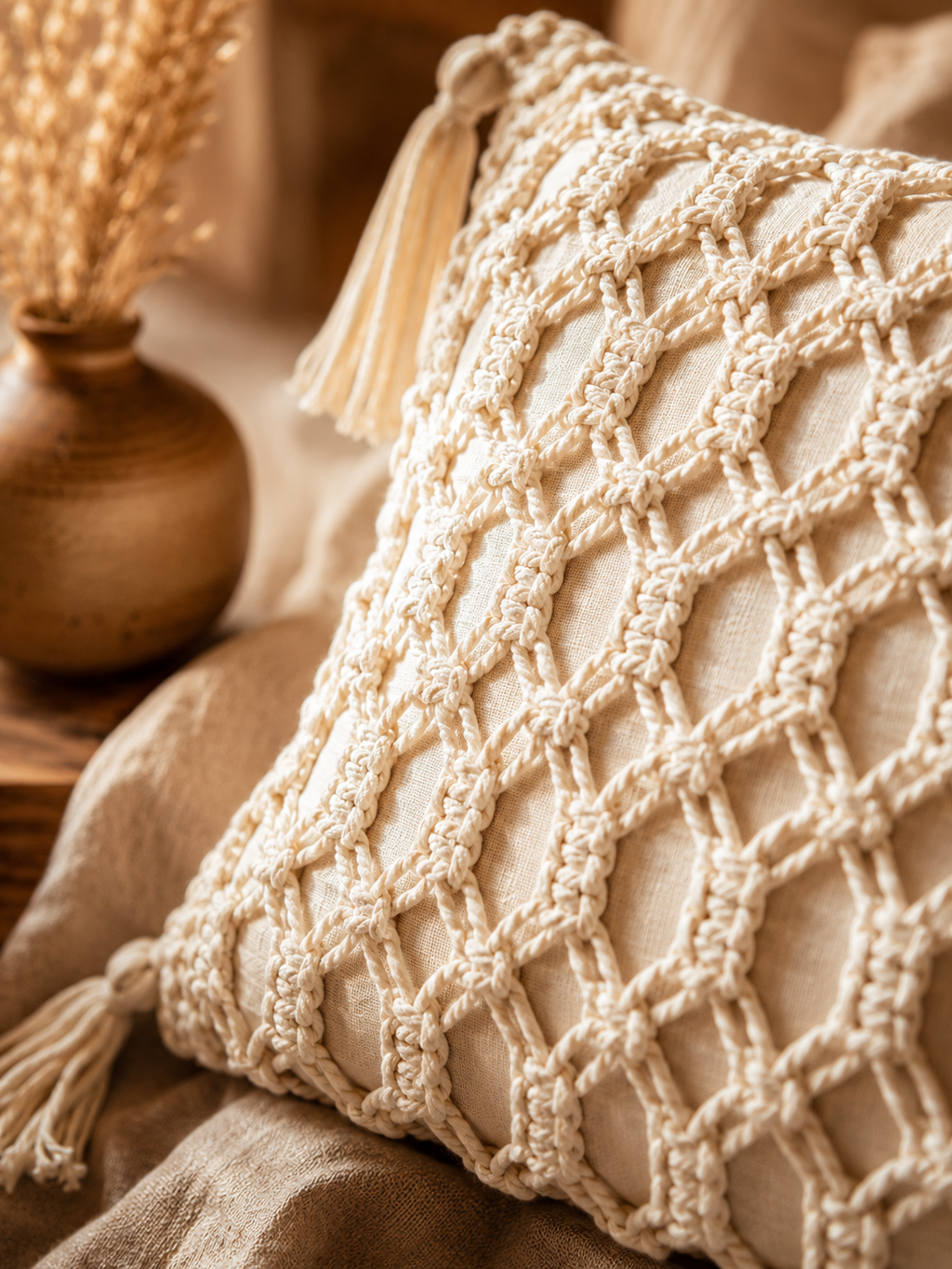 Throw Pillow with Corner Tassels – Boho Textured Accent Cushion