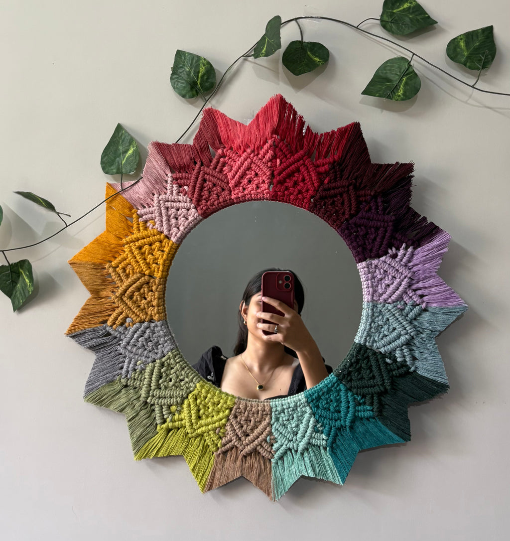 Round Rainbow Macramé Wall Hanging Mirror – Boho Nursery & Home Decor