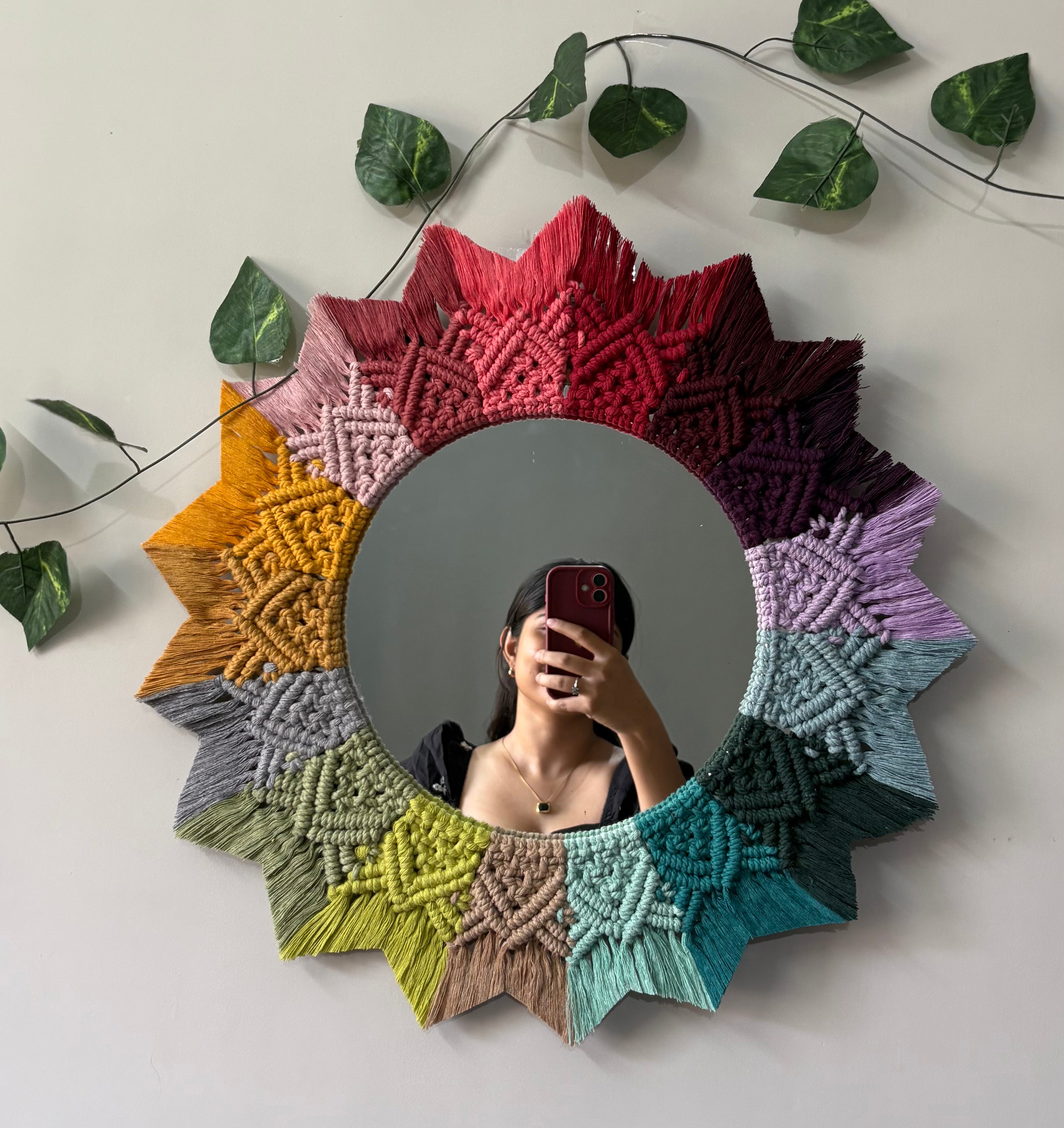 Round Rainbow Macramé Wall Hanging Mirror – Boho Nursery & Home Decor