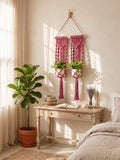 Double Macrame Plant Hanger – Handcrafted Berry Pink Dual Indoor Planter Wall Hanging