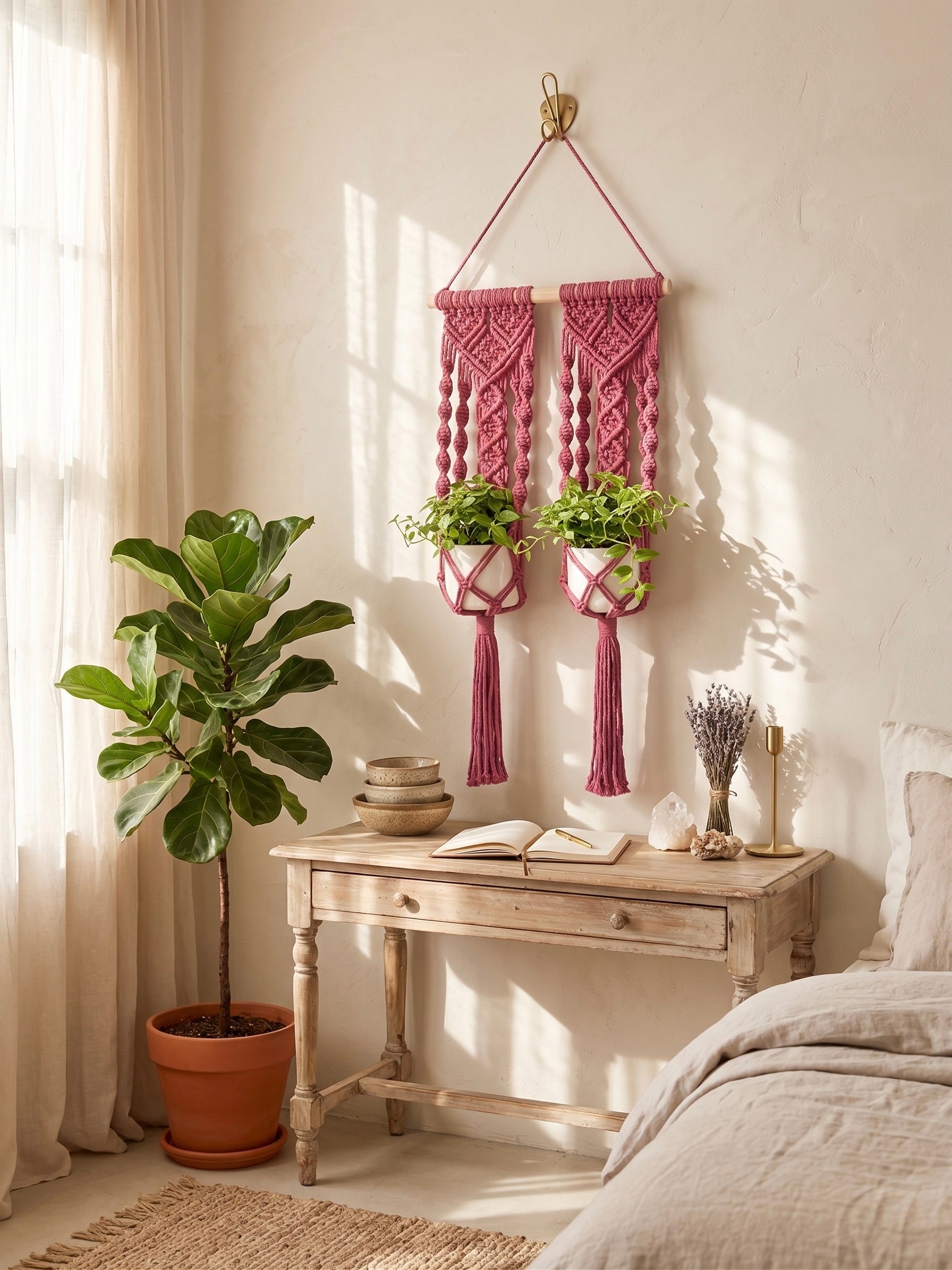 Double Macrame Plant Hanger – Handcrafted Berry Pink Dual Indoor Planter Wall Hanging