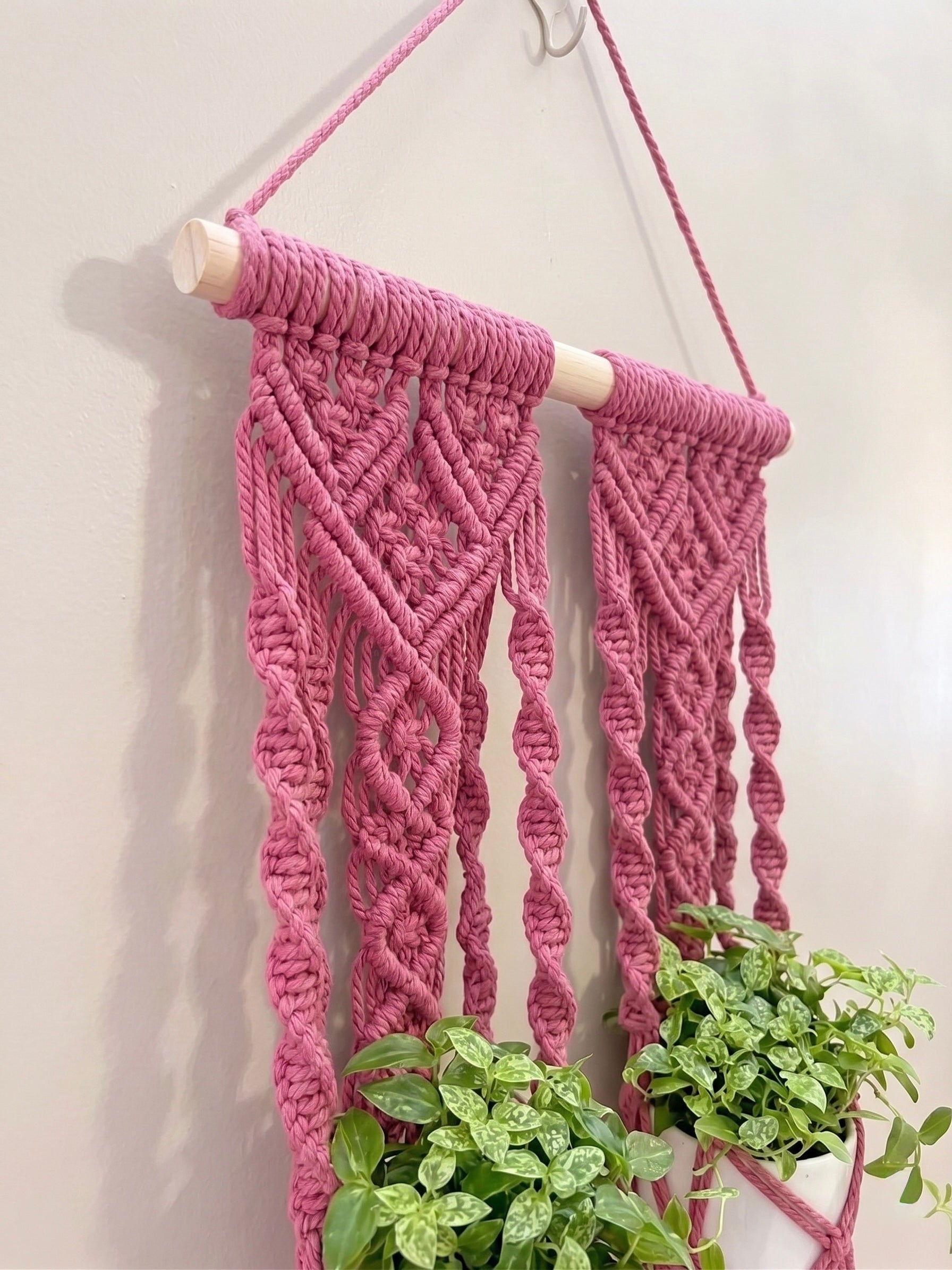 Double Macrame Plant Hanger – Handcrafted Berry Pink Dual Indoor Planter Wall Hanging