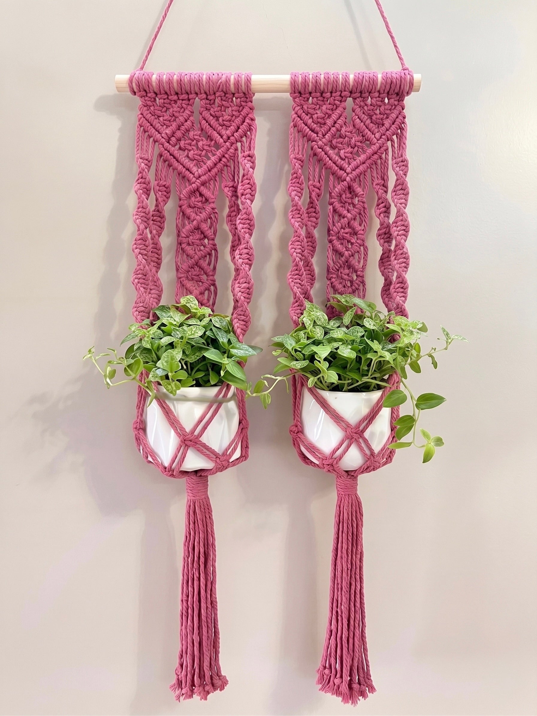 Double Macrame Plant Hanger – Handcrafted Berry Pink Dual Indoor Planter Wall Hanging