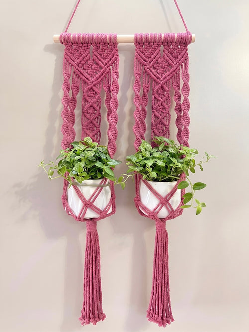 Double Macrame Plant Hanger – Handcrafted Berry Pink Dual Indoor Planter Wall Hanging